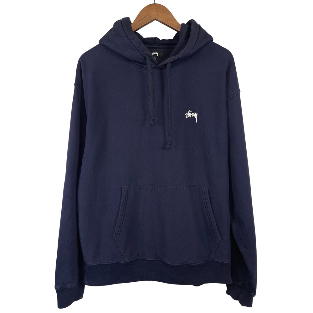 Stussy Mens Pullover Hoodie XL Navy Embroidered Logo Skate Surf Streetwear Heavy